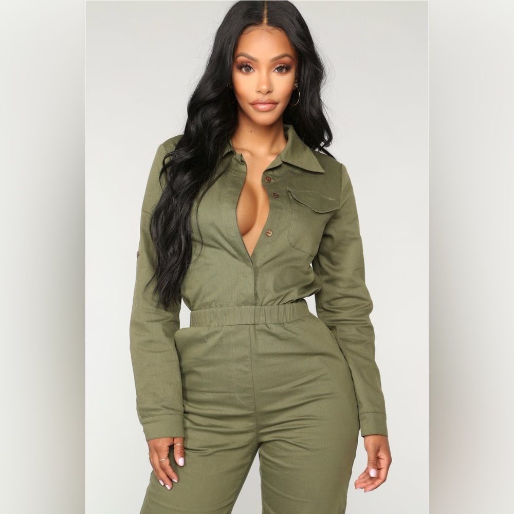 Olive Green Utility Jumpsuit - Picture 2 of 4